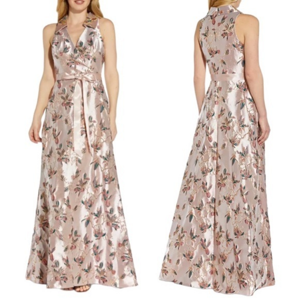 NWT Adrianna‎ Papell Jacquard Metallic Blush Pink Formal Gown Long Dress